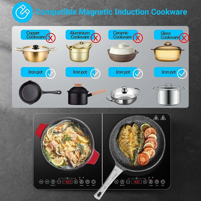 Elettrodomestico da cucina piano cottura a doppia induzione, fornello a induzione portatile con controllo indipendente a 2 fuochi, corpo ultrasottile nuovo