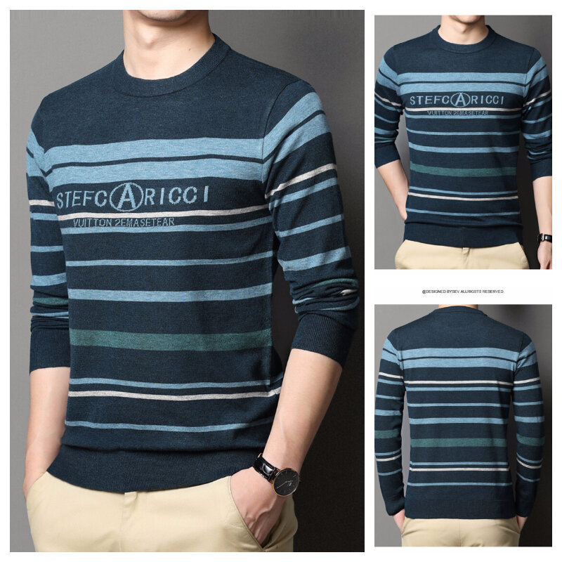2023 Men's Round Neck Long Sleeve Thin Sweater Autumn Underlay Tri Color Stripe Slim Fit