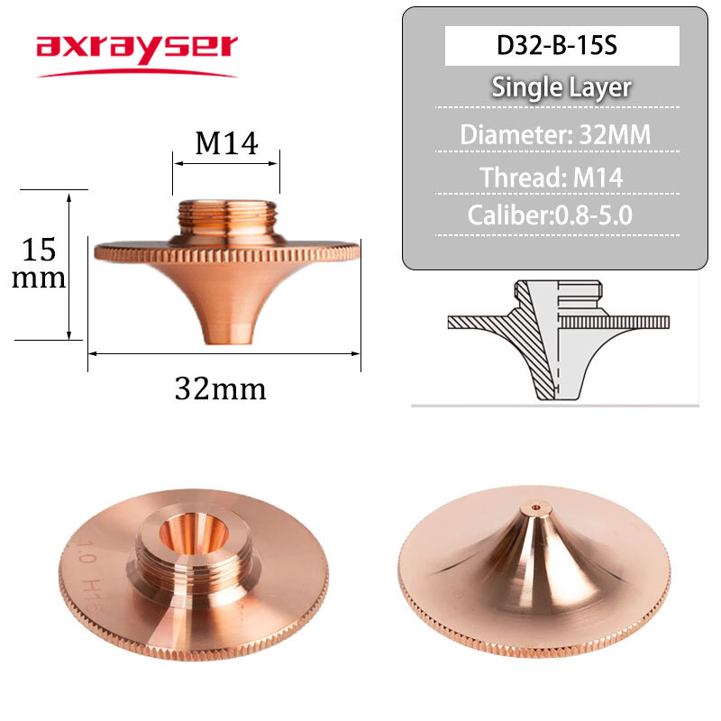 Raytools ugelli per taglio Laser D32 M14 macchina per fibra ad alta velocità singolo doppio strato calibro 0.8-5.0 cromato Axrayser TypeB