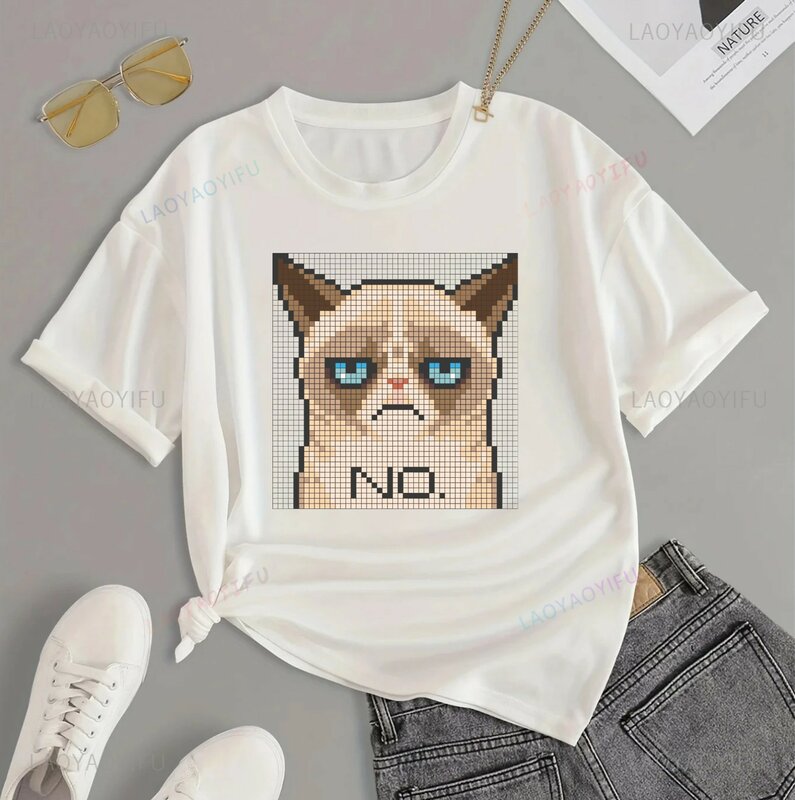 T-shirt estampada de gatinho e animal, blusa manga curta, roupa gola redonda, moda casual e kawaii, roupa diária, divertida