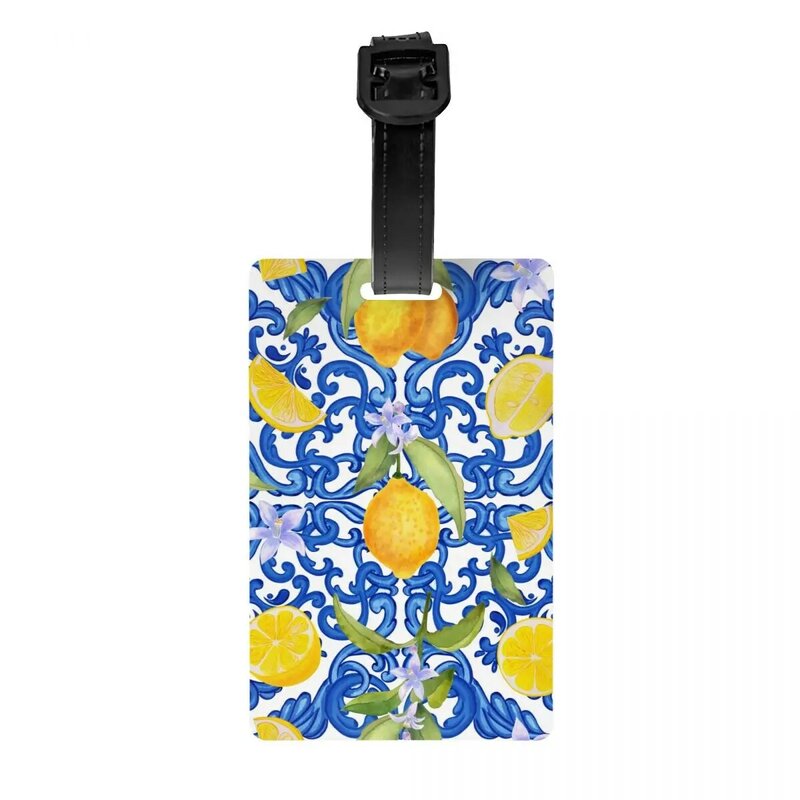 Custom Summer Fruit Lemons Mediterranean Tiles Luggage Tag Travel Bag Suitcase Privacy Cover ID Label