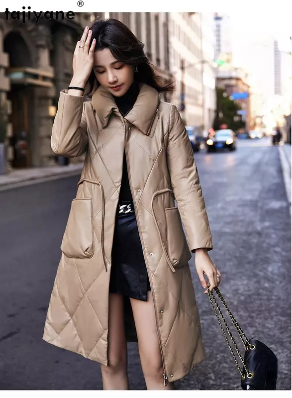 Piumino in vera pelle di montone tagico donna inverno 2023 giacche in vera pelle di media lunghezza piumini caldi di fascia alta Slim