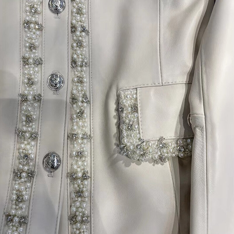 Manteaux automne en peau de mouton pour Femme, veste courte, Style Socialite, col rond, simple boutonnage, diamants décorés, 2022