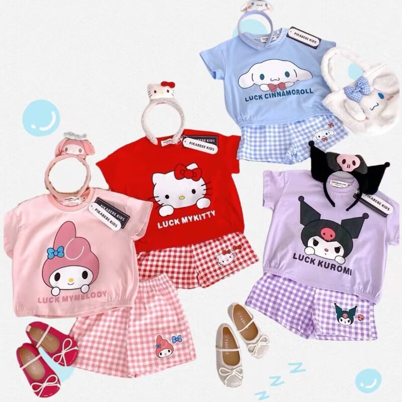 Kawaii Sanrio ثوب نوم للأطفال ، Kuromi Cinnamoroll ، مرحبا كيتي ، بيجامة ميلودي ، بنطلون فتاة ، مجموعة ملابس أنيمي ، بدلة صيفية