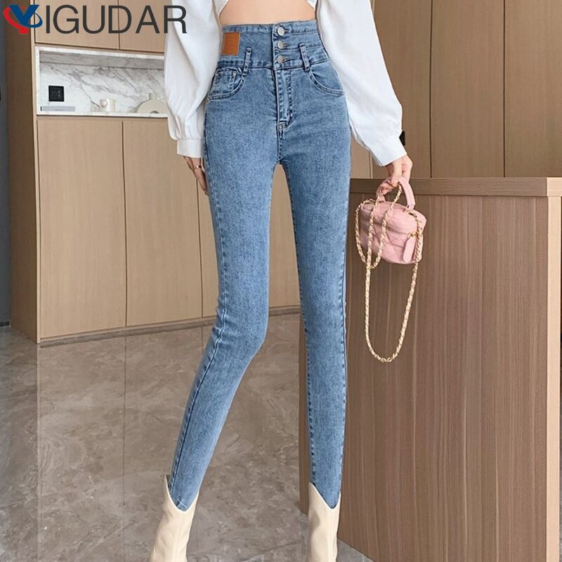 Calça jeans skinny de cintura alta feminina, calça lápis coreana, jeans casual, jeans chique, stretch, primavera, outono