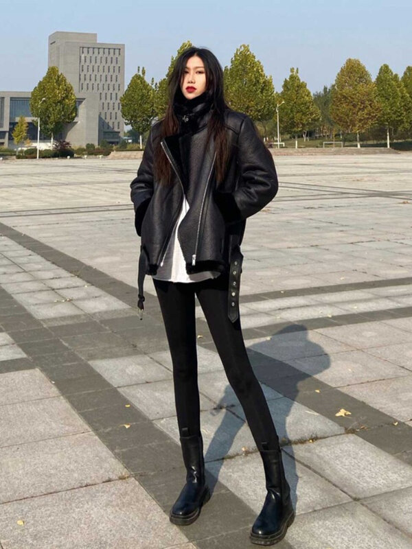 SUSOLA-casacos básicos para mulheres, estilo coreano, motoqueiro solto, gola virada para baixo, tudo que combina, couro PU, casual feminino, moda outono