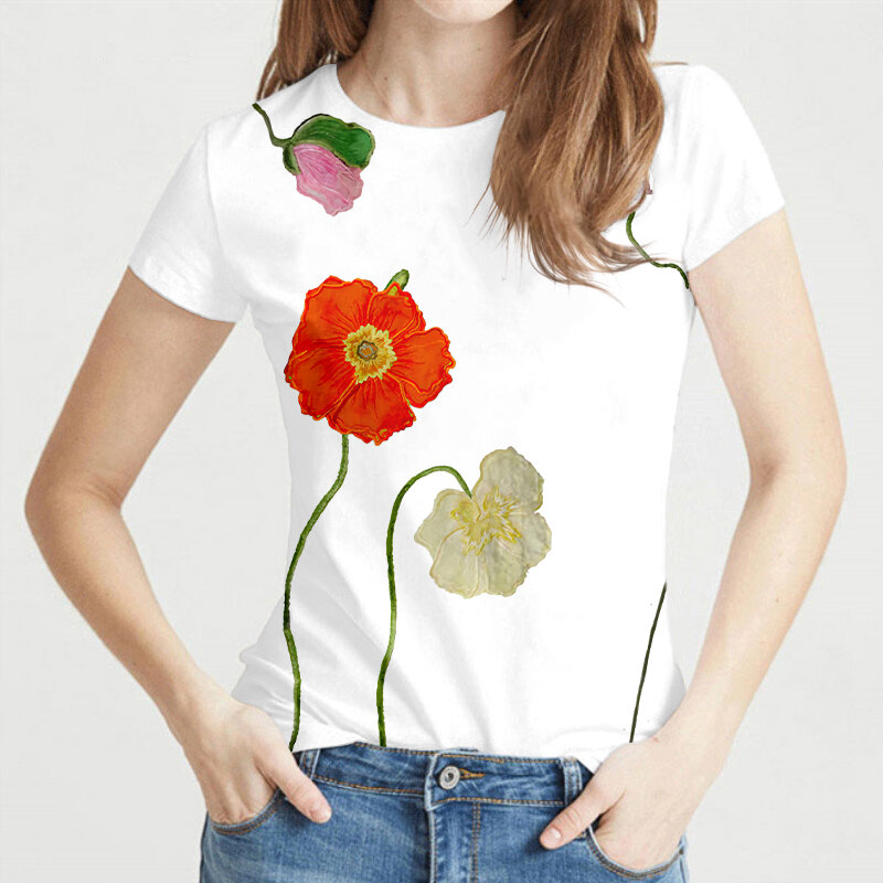 Camiseta Floral Feminina, Manga Curta, Estampada em Flores 3D, feminina, Verão, Solta, Casual, Tops Básicos Femininos, Camiseta Streetwear