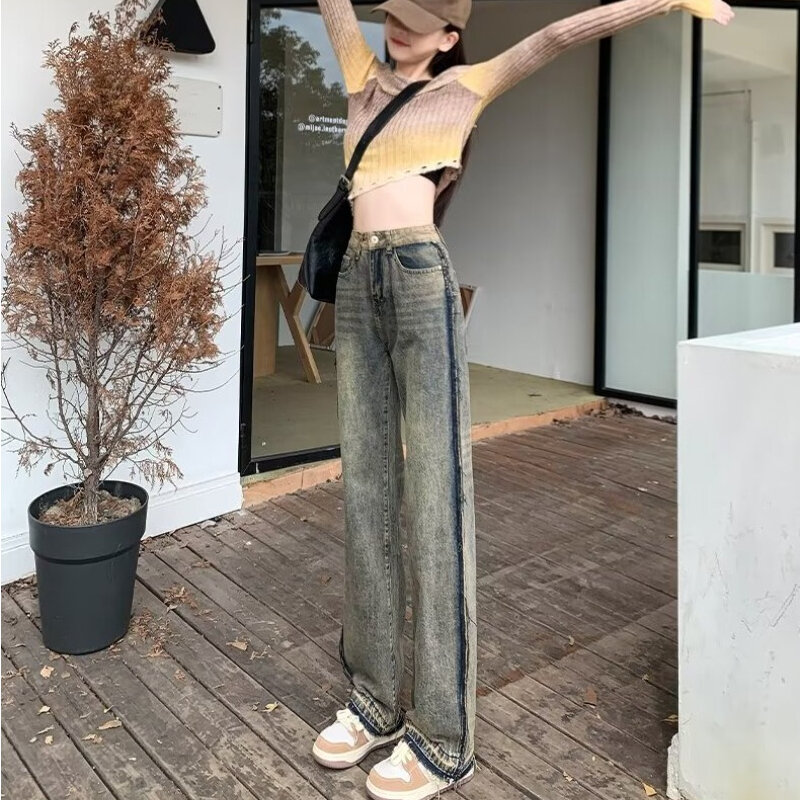 New Arrival Jeans Women's Fringe Contrast Color High Waist Wide Leg Full Length Four Seasons Loose Casual Denim Pants Female