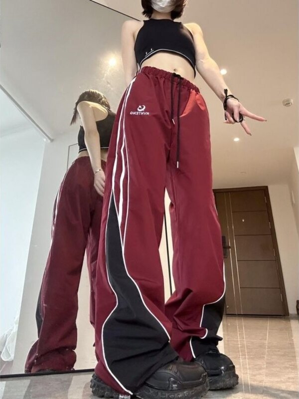 Deeptown Grunge Patchwork Streetwear Sweatpant wanita Retro Amerika mode Harajuku bergaris longgar kaki lebar celana Jogging 2024
