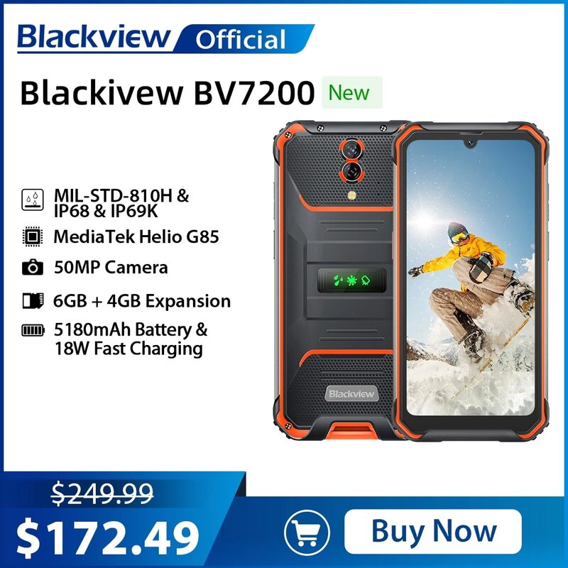 Blackview BV7200 안드로이드 12 견고한 IP68 방수, 10GB + 128GB Helio G85 옥타 코어, 50MP 후면 카메라, 5180mAh, 18W 충전