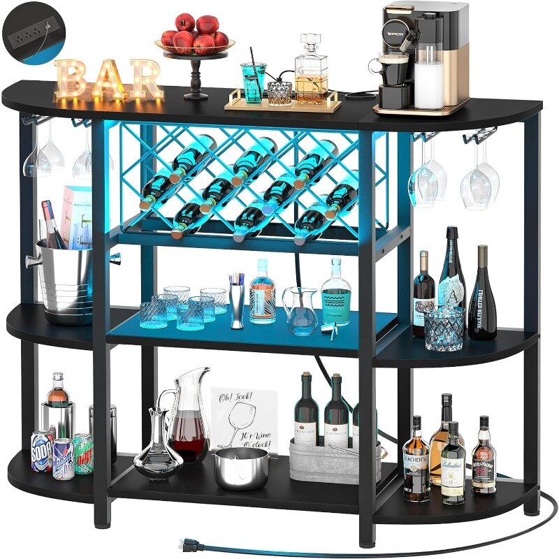 Unikito 4-Tier Metal Coffee Bar Cabinet with Outlet and LED Light, Freestanding Floor Bar Table for Liquor with Glass Holder