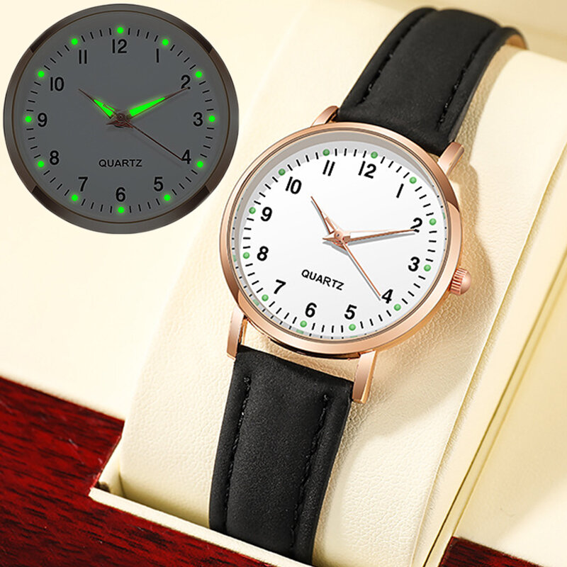 Retro Luminous Women's Watch Simple Diamond-Studded Digital Watches Frosted Leather Belt Casual Wrist Watch Ladies Quartz Clock