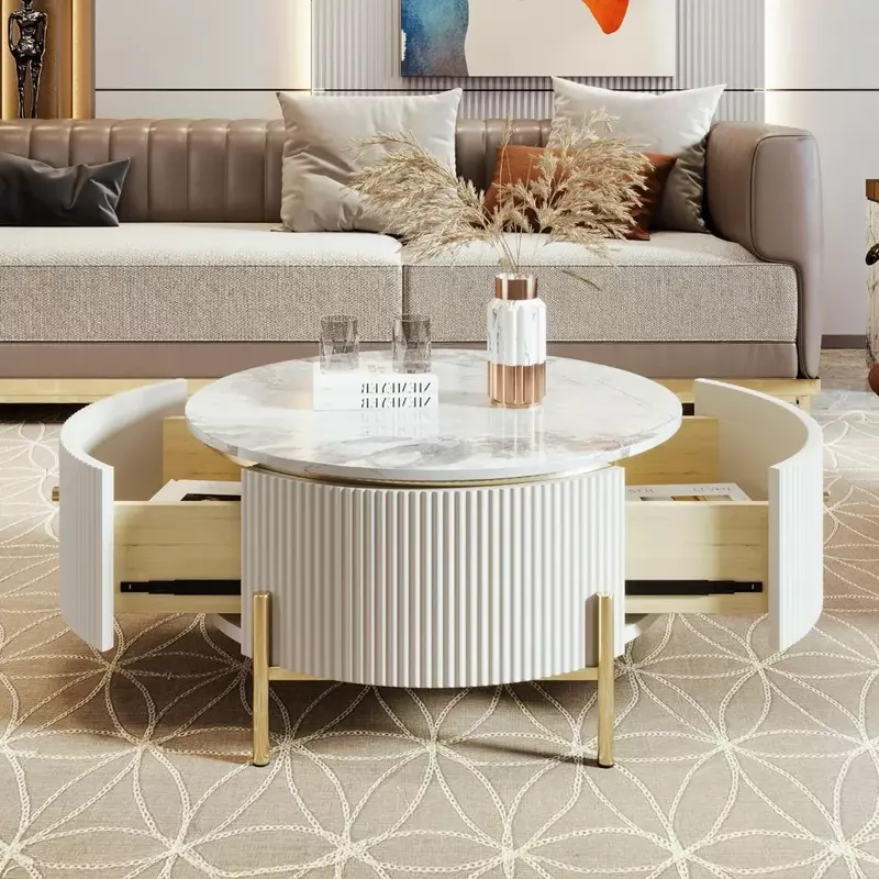 Tables centrales circulaires avec plateau en marbre, table basse avec égouts de proximité, tambour rond avec pieds dorés