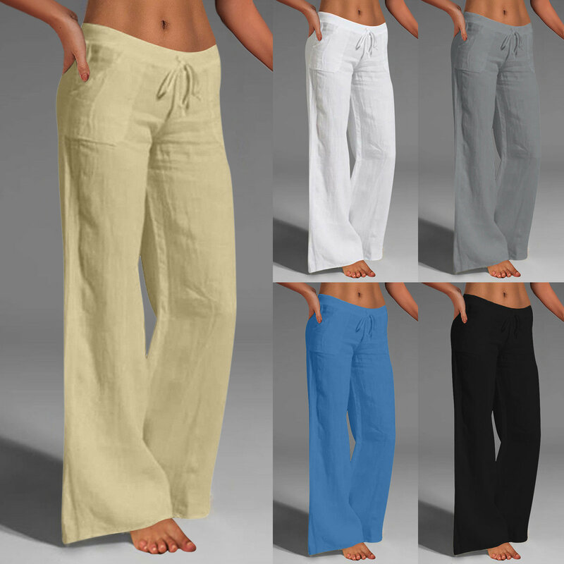 Women's Summer Cotton Linen Pants Oversize Black Casual Wide-leg Pants Female Trendy Loose Trousers Ladies Travel Beachwear