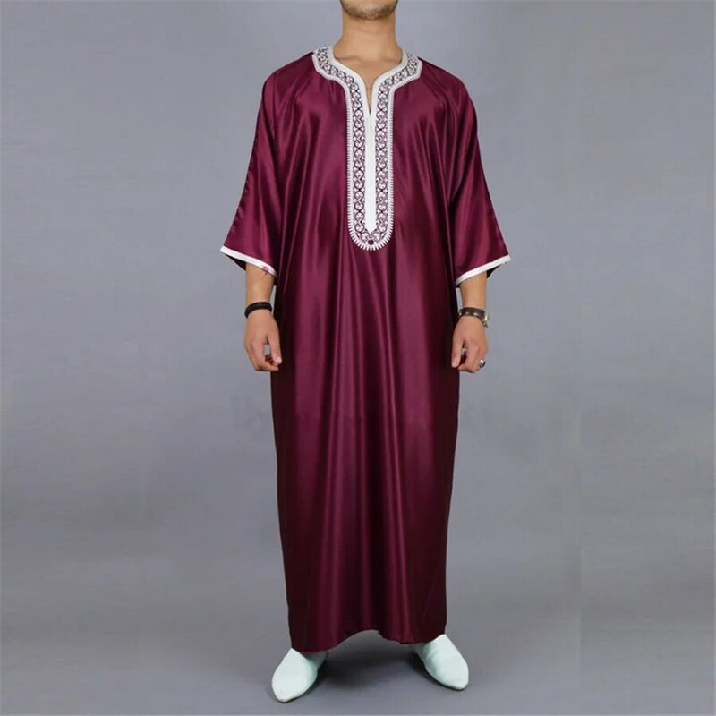 Muslim Men Jubba Thobe Half Sleeve Solid Color Embroidered Traditional Islamic Clothing Saudi Arabia V Neck Men's Kaftan Abaya