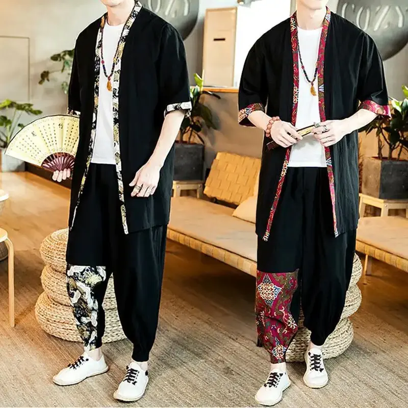 Camisa e calças finas de quimono para homens, cardigan vintage Tang, veste retrô chinesa, conjuntos de roupas retrô japonesas, verão, 2 peças