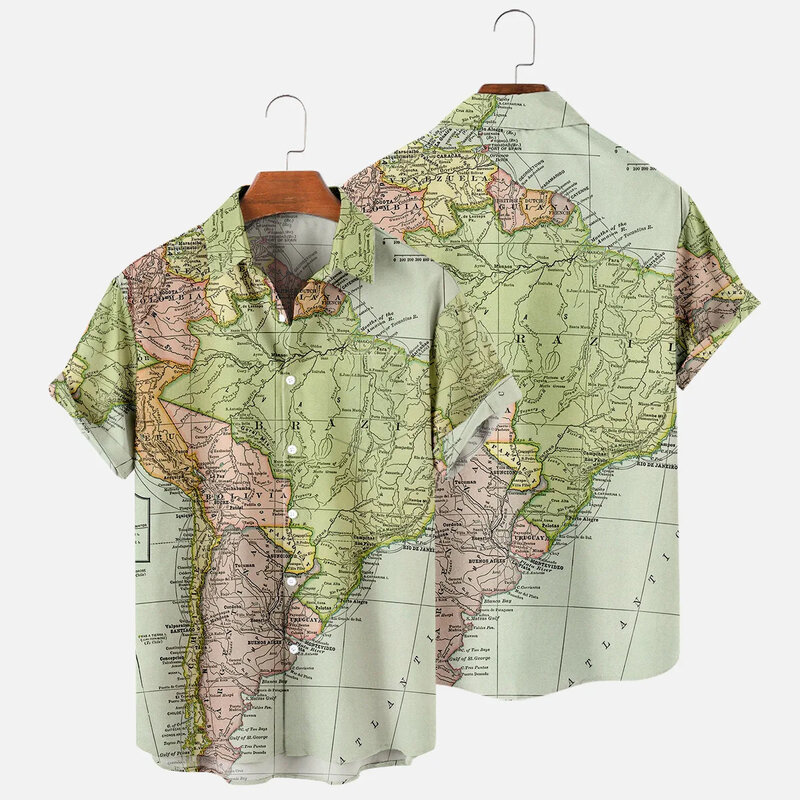 男性と女性のための3D印刷ハワイアンビーチTシャツ,カジュアルなフリップネックシャツ,世界地図シャツ,夏
