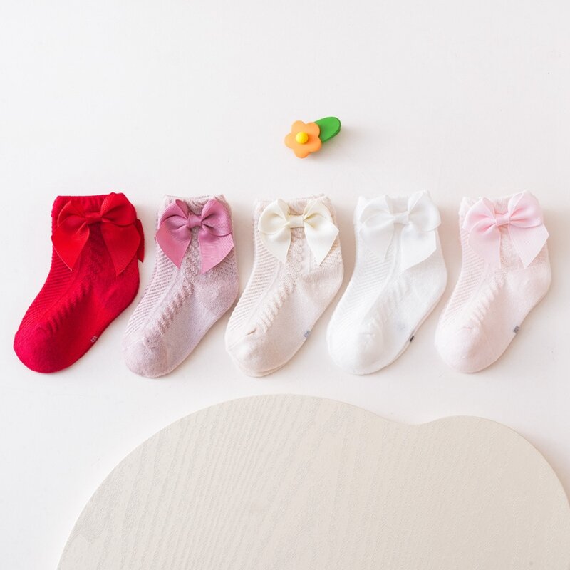 Носки для маленьких девочек, мягкие тонкие однотонные хлопковые носки, летние носки с бантом для младенцев, для новорожденных, для улицы в помещении