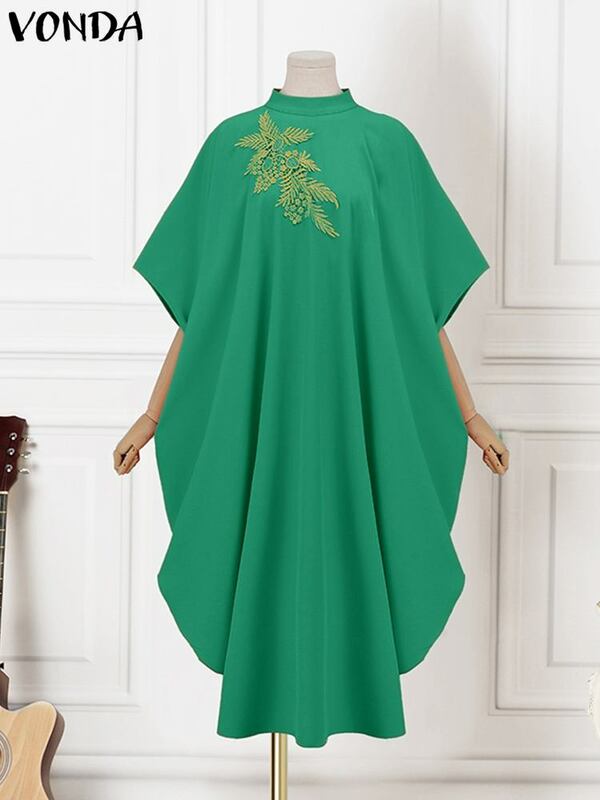 VONDA gaun Maxi musim panas wanita, jubah longgar kasual tambal sulam lengan kelelawar cetak Vintage Bohemian 2023 ukuran Plus