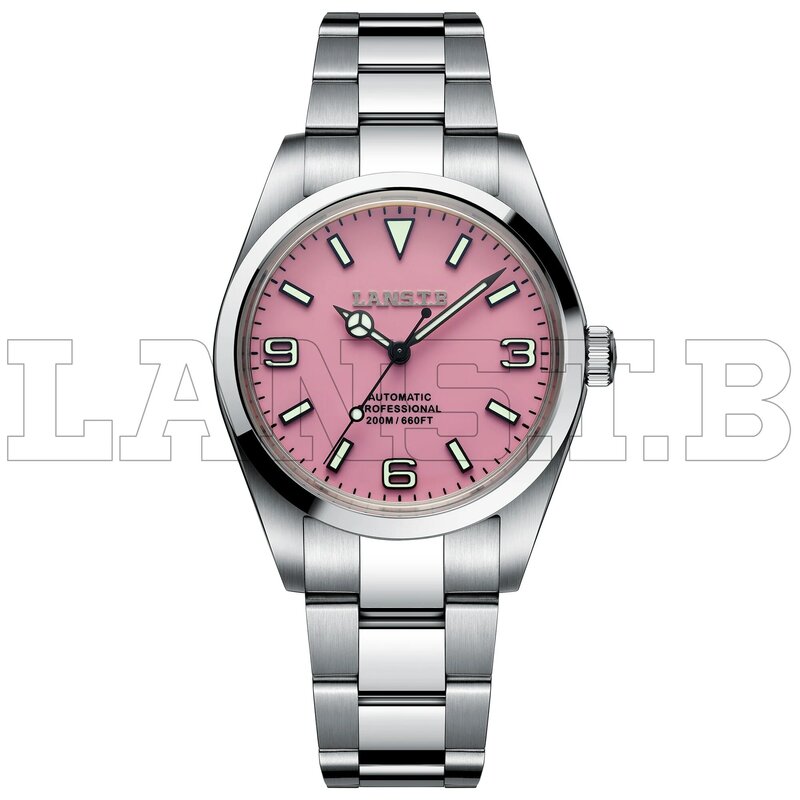 LANSTB-Relógios esportivos de aço inoxidável vintage de 37 mm, relógio feminino rosa de luxo, movimento automático NH38, novo relógio de mergulho à prova d'água
