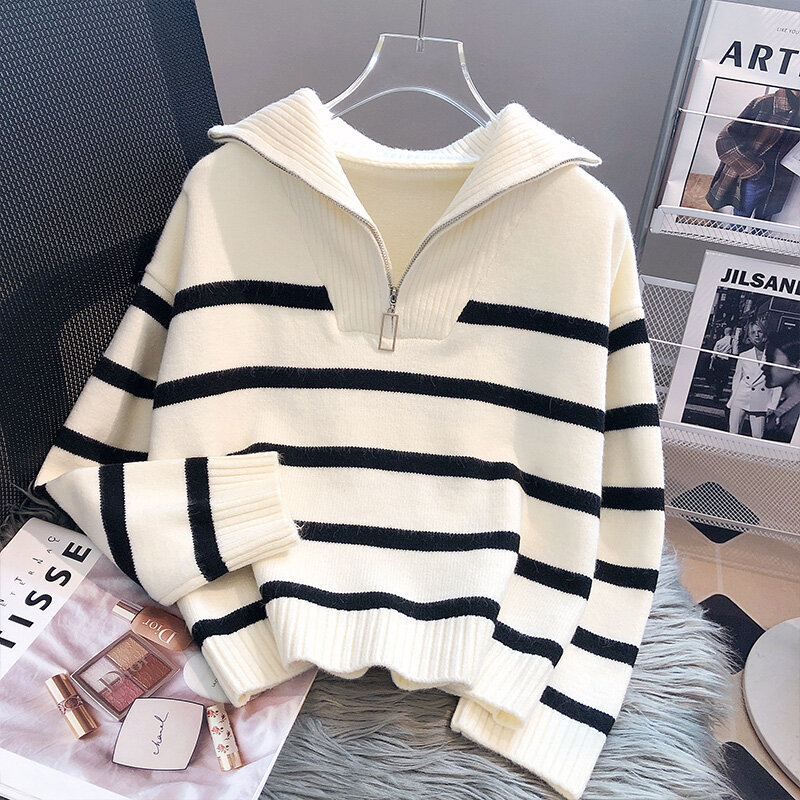Casual Streifen Gestrickte Pullover 2023 Frühling Herbst Mode Vintage Halb Zipper Pullover frauen Kurze Tops Lose Chic Pullover