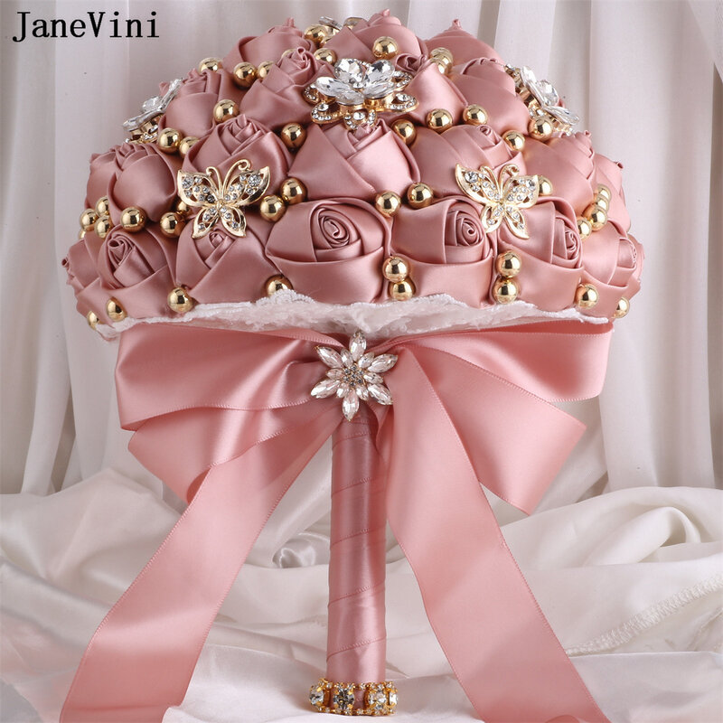 JaneVini Bling Diamond Gold Jewelry Bridal Brooch Bouquets Dusty Pink Wedding Flowers Artificial Satin Roses Bouquet Fleurs Luxe