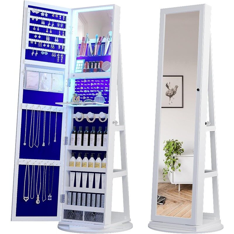 LED Jóias Cabinet com prateleira de armazenamento traseira, Espelho, 360 ° Rotação, 3 Cores Dimmable