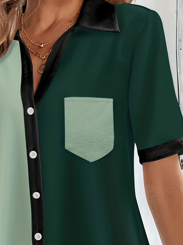 Tamanho grande blusa casual para as mulheres, camisa de manga curta com botão e gola, bloco cor