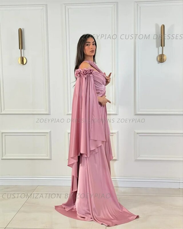 Pink One Shoulder Dress Deep Long Formal Evening Party Gowns A Line Dubai Evening Dresses with Flowers Side Slit Vestidos