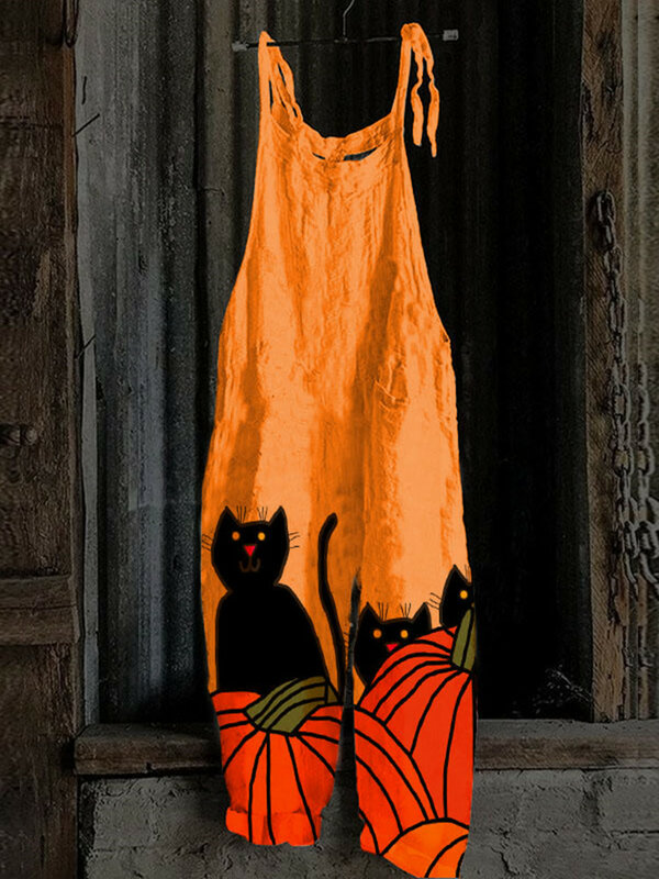 Женский винтажный комбинезон с 3D принтом кота, свободный Удобный Повседневный комбинезон с прямыми штанинами на лето