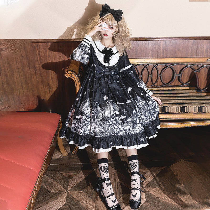 Vestido de cintura alta Lolita gótica para meninas, vestido kawaii, manga comprida, roupa de vampiro, dia das bruxas, cor escura, diário, cós, outono, inverno