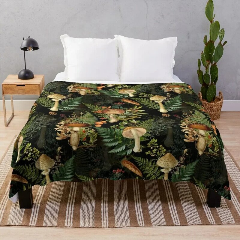 Винтажное черное одеяло с рисунком грибов и леса, одеяла, декоративные диваны, фланелевые покрывала для кровати, одеяла