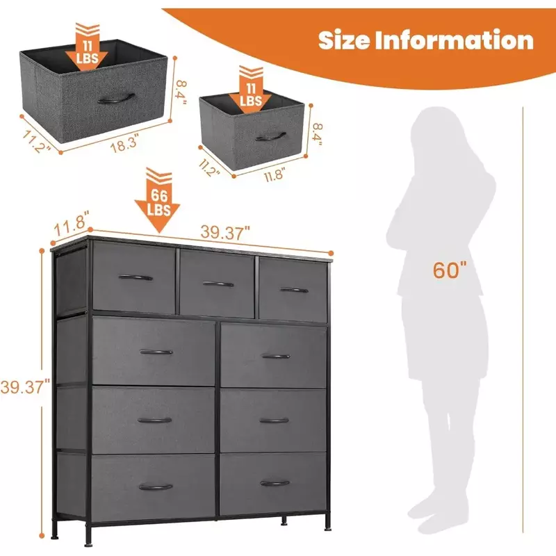 Dresser for Bedroom with 9 Fabric Drawers, Small Chest Storage Tower, Organizer Units for Clothing Closet, Freight free