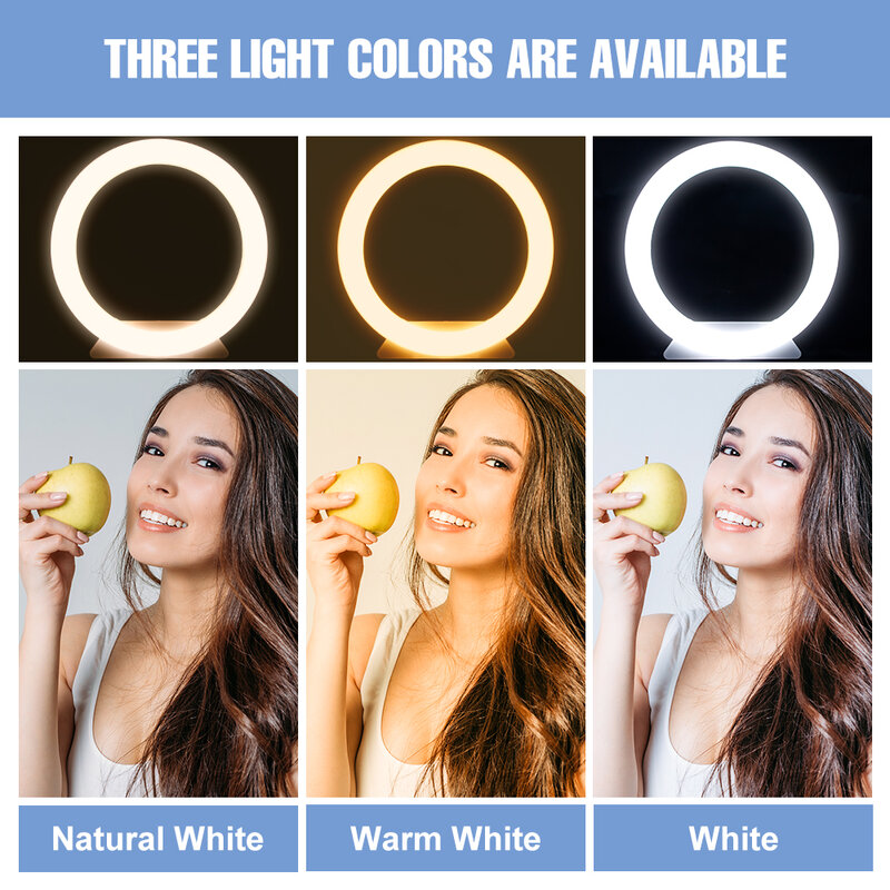 Anneau lumineux LED avec trépied pour selfie, 3 couleurs, intensité variable, éclairage pour diffusion vidéo en direct, photographie, support de téléphone