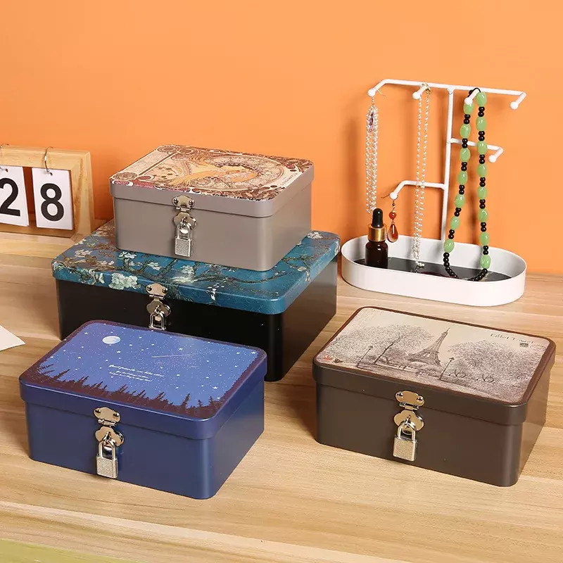 Vintage Tinplate Box with Lock Key Desktop Storage Box Cosmetics Documents Storage Household Jewelry Empty Box