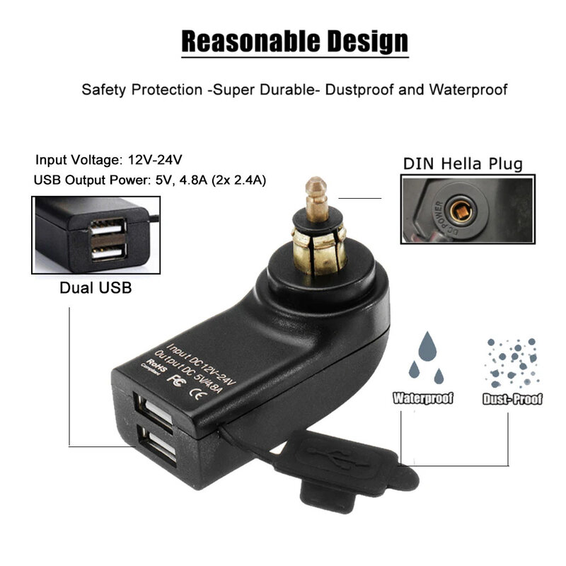 Cargador USB Dual F800R QC3.0 R1250GS, adaptador de corriente de 12V, enchufe Hella DIN para BMW F750GS G650XGS F900R R1200RT R1200GS ADV S1000XR
