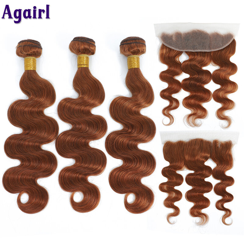 Mechones de cabello humano ondulado marrón jengibre con cierre, 28, 30 pulgadas, 100% Remy, paquete de tejido Frontal