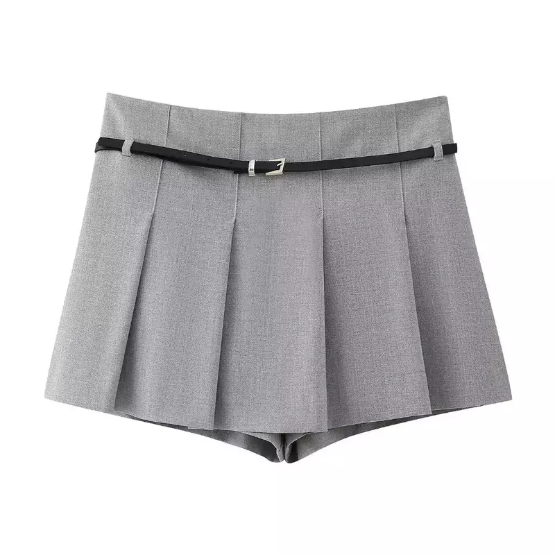 Pantalones cortos plisados para Mujer, faldas informales con cinturón, cintura alta, cremallera lateral, Estilo Vintage, 2024