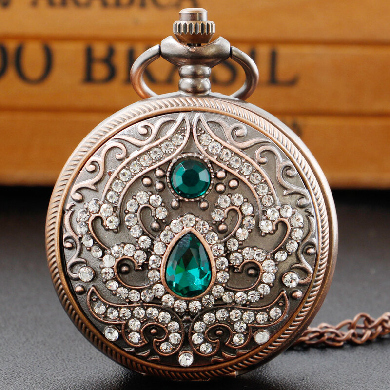 Fashion Retro Women's Pocket Watches Red Antique Green Multi-Drill Exquisite Necklace Pendant Quartz Pocket FOB Watch GIRL GIFT