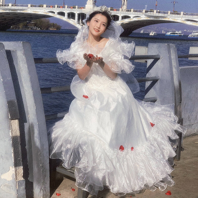Женское винтажное свадебное платье AnXin SH, белое цветочное кружевное платье с v-образным вырезом, коротким рукавом, бусинами, жемчужинами и оборками, на шнуровке