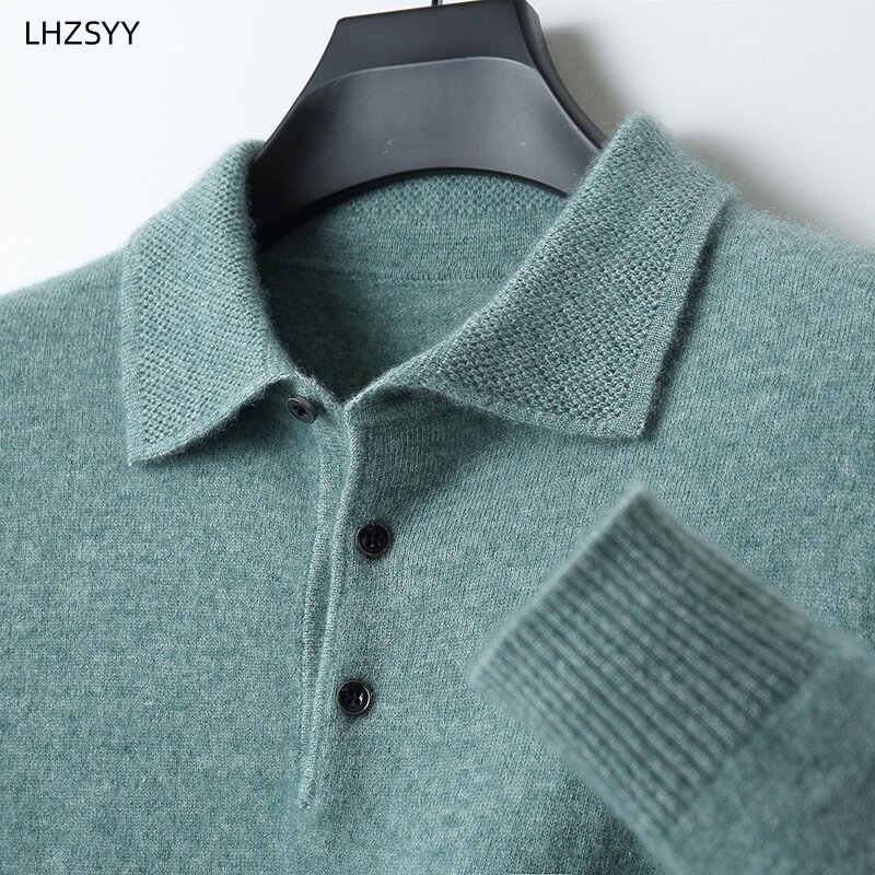 LHZSYY-cárdigans de lana merina para hombre, jersey de manga larga con cuello tipo POLO, Tops holgados, ropa de punto, camisa de talla grande, 100%