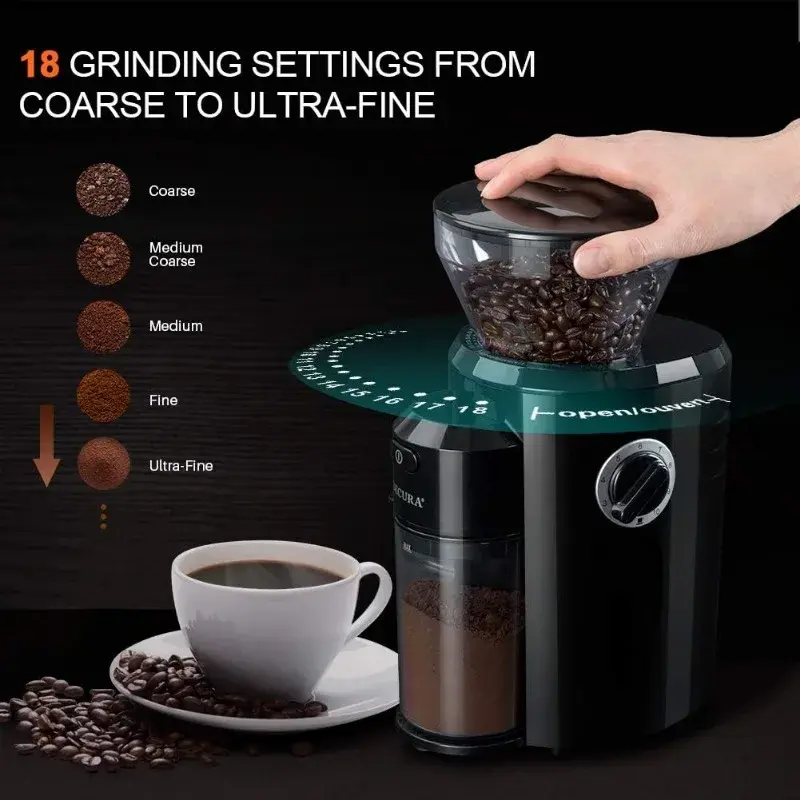 Secura Burr Koffiemolen, Conische Braammolen Met 18 Maalinstellingen Van Ultrafijne Tot Grove, Elektrische Koffiemolen