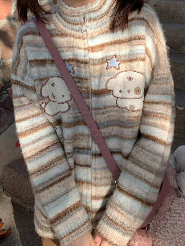 Deeptown Harajuku Kawaii pies haft sweter damski w stylu Vintage dzianinowy sweter w paski z dzianiny na zamek błyskawiczny Y2K Top japoński