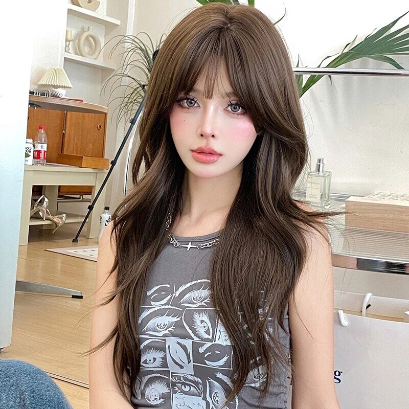 7JHH WIGS High Density Synthetic Body Wavy Brown Blonde Wig for Women Fashion Layered Curly Wigs with Curtain Bangs Glueless Wig