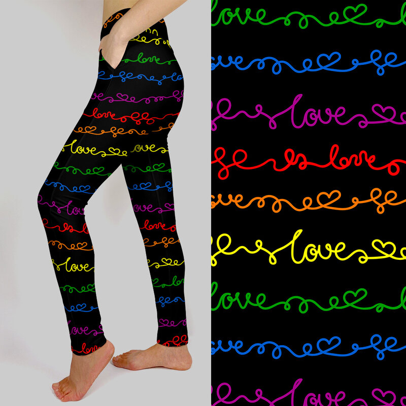 LETSFIND Hot Sale Women Leggings 3D Love Word and Hearts Handwritten Line Print Fitness Legging High Waist Inside Pockets Pants