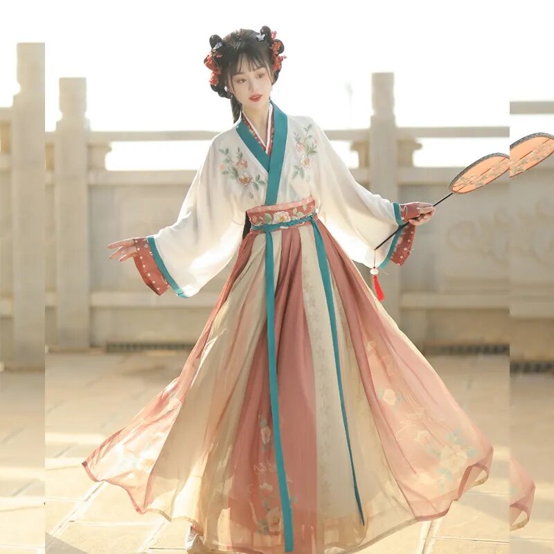 Hanfu กระโปรงผู้หญิงยาวถึงเอวเสื้อผ้างานปักสไตล์จีนฤดูใบไม้ผลิฤดูใบไม้ร่วง