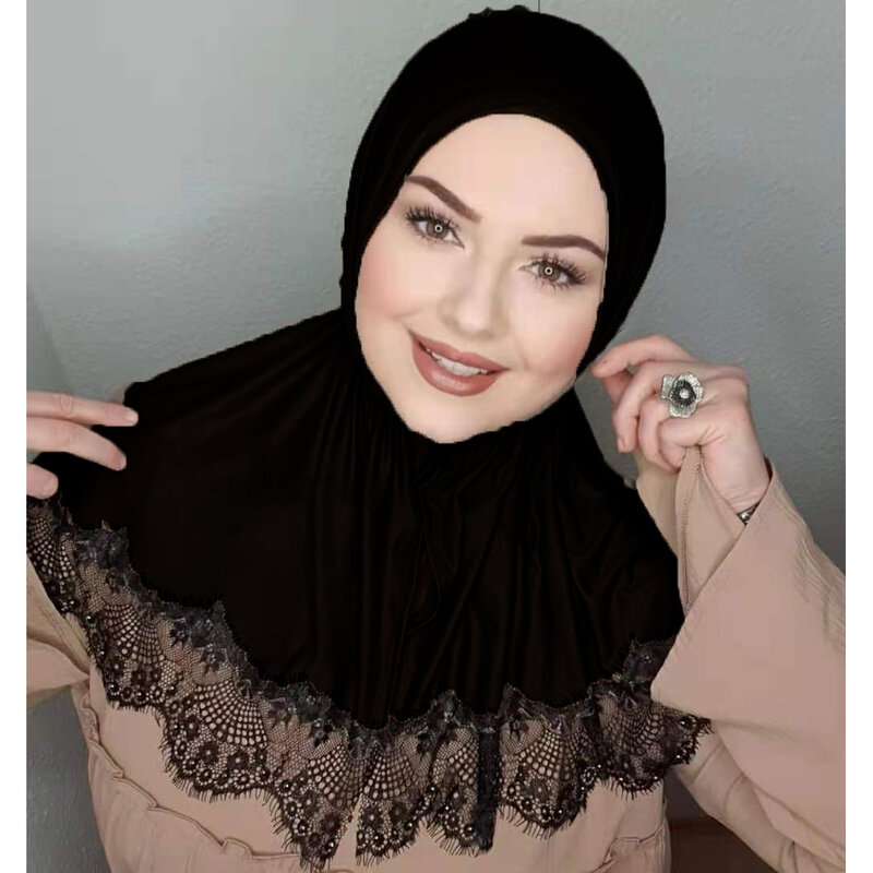 ชุดเดรสผ้าเจอร์ซีย์สำหรับสตรีมุสลิมผ้าฮิญาบผ้าลูกไม้สีขาวผ้าฮิญาบแบบผูกเชือก