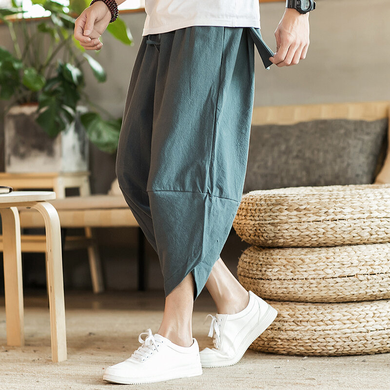 กางเกงไขว้หลังกระดาษผ้าฝ้ายผู้ชายกางเกงฮาเร็มขากว้างสไตล์ฮาราจูกุกางเกงลำลองขายาวสีทึบสำหรับฤดูร้อน