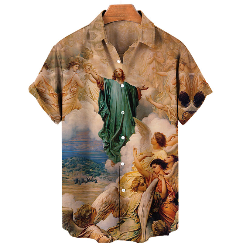 Camisas hawaianas Dios Jesús María para hombres, religión crucificada, estampado 3D, Harajuku, manga corta informal, Top oversized, ropa Tropical