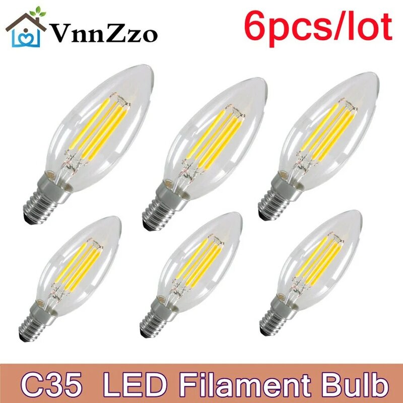 VnnZzo 6ชิ้น/ล็อต E14หลอดไฟ LED โคมไฟเทียน C35 Edison สไตล์วินเทจเย็น/อบอุ่นสีขาว2W/4W/6W โคมไฟระย้าแสง AC220V